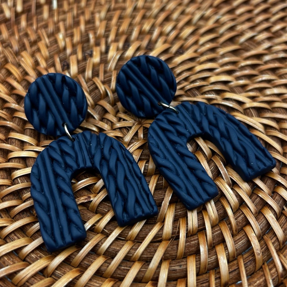 Handmade Polymer Clay Montra Arches Earrings Blue Knit Braided Pattern 2.5"